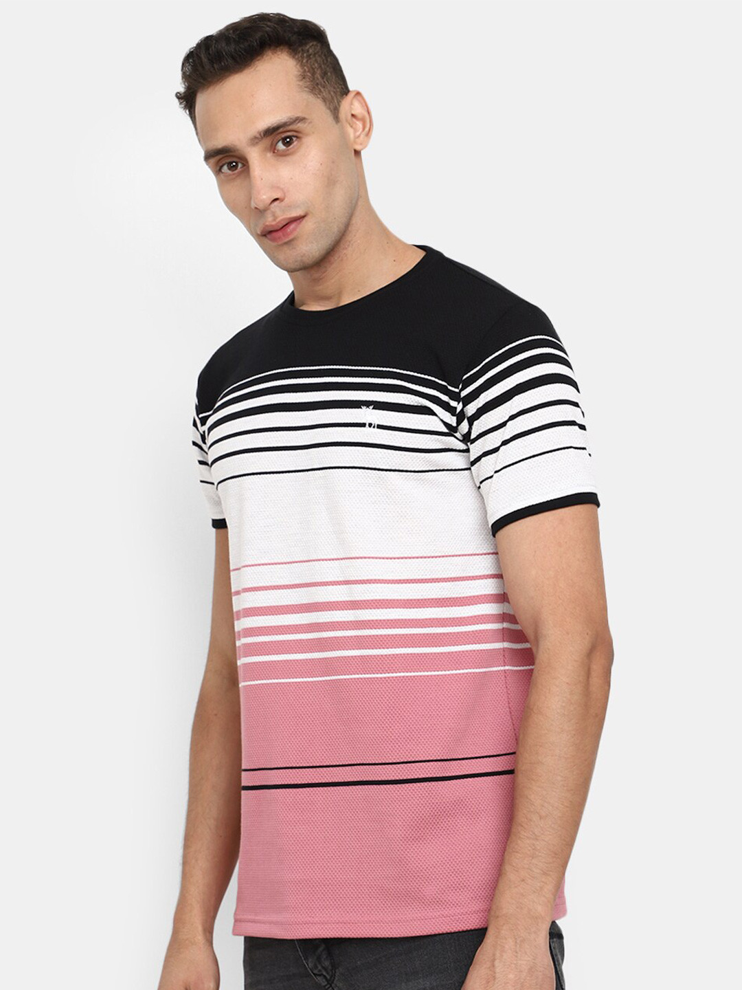 

V-Mart Round Neck Variegated Stripes Cotton T-shirt, Pink