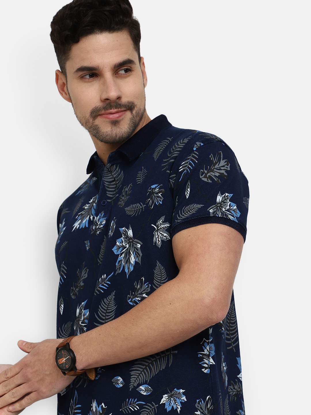 

V-Mart Floral Printed Polo Collar Cotton T-shirt, Blue