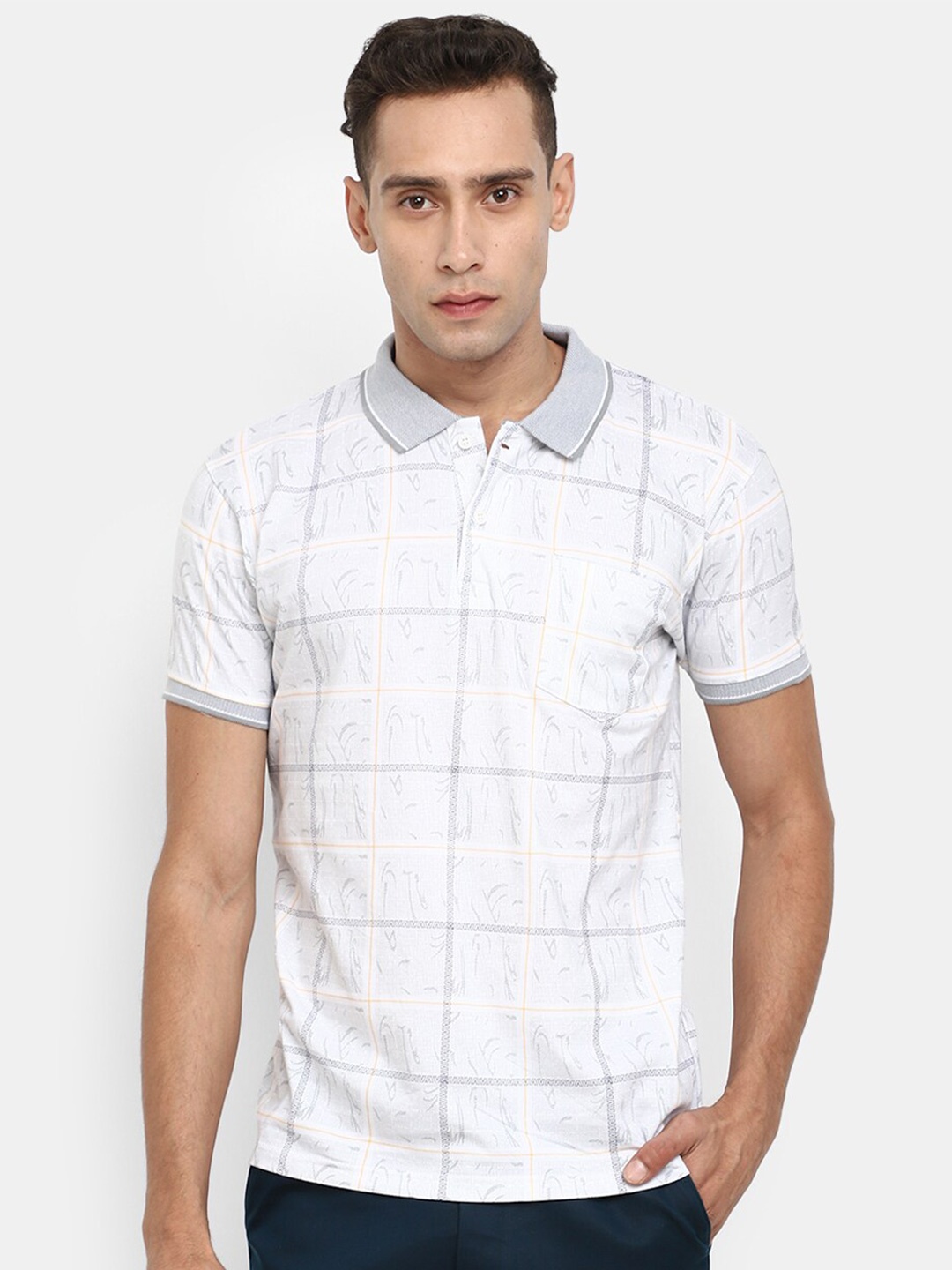 

V-Mart Checked Polo Collar Cotton T-shirt, White