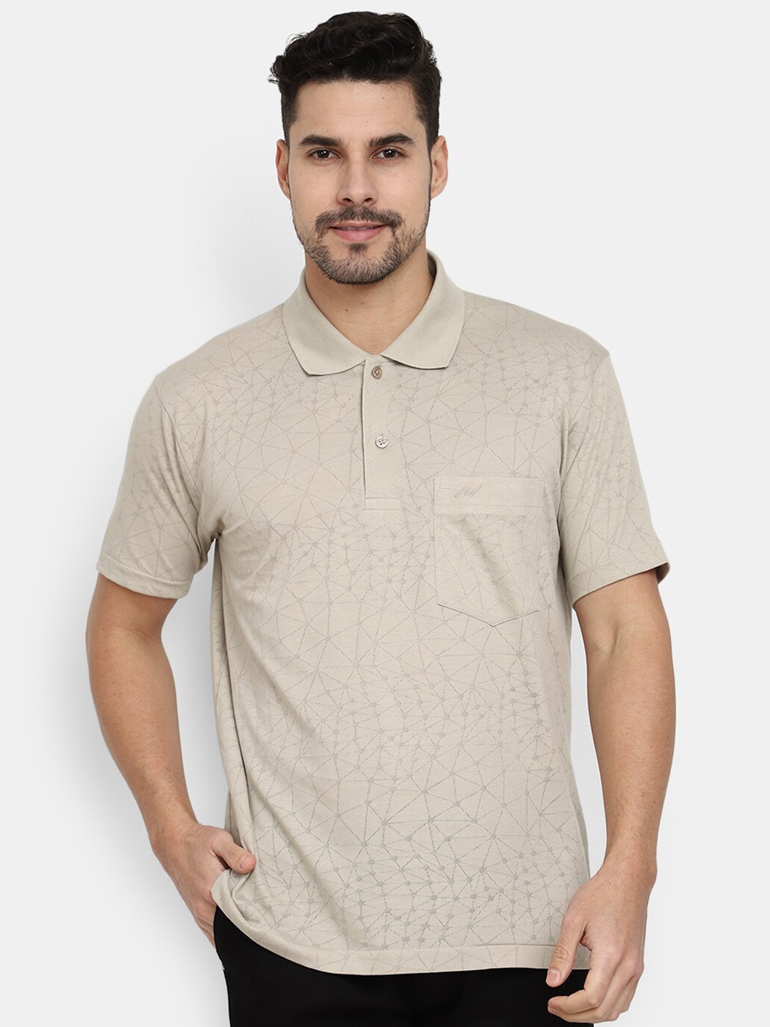 

V-Mart Polo Collar Geometric Printed T-shirt, Brown