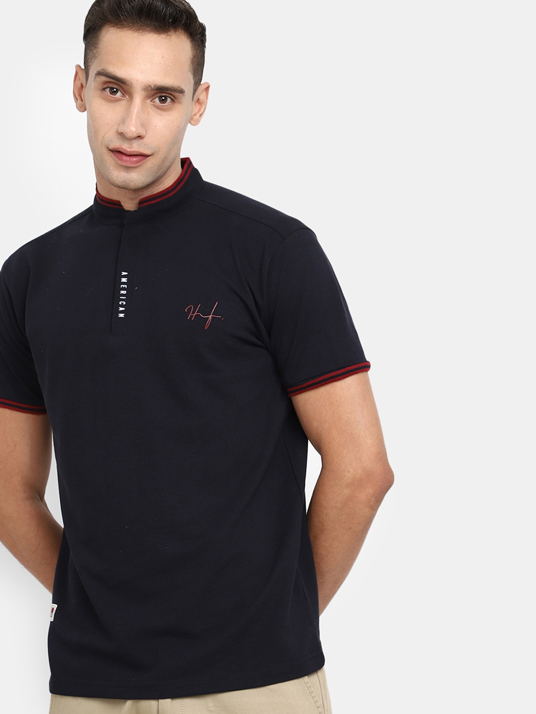 

V-Mart Mandarin Collar Cotton T-shirt, Navy blue