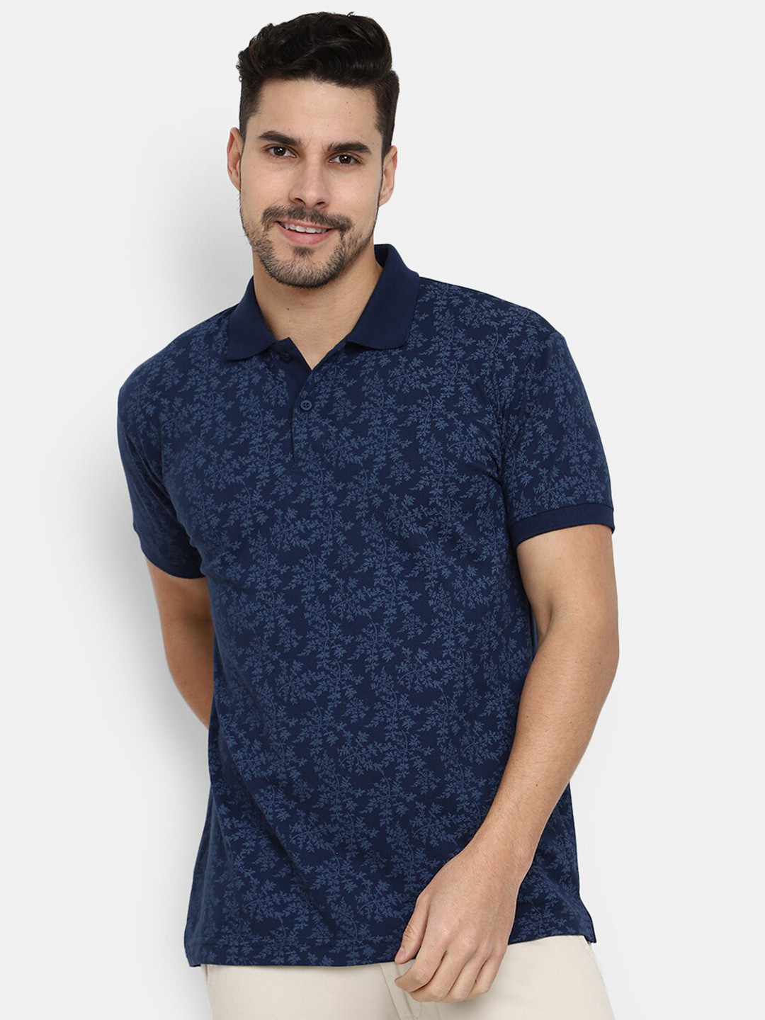 

V-Mart Floral Printed Polo Collar Cotton T-shirt, Navy blue