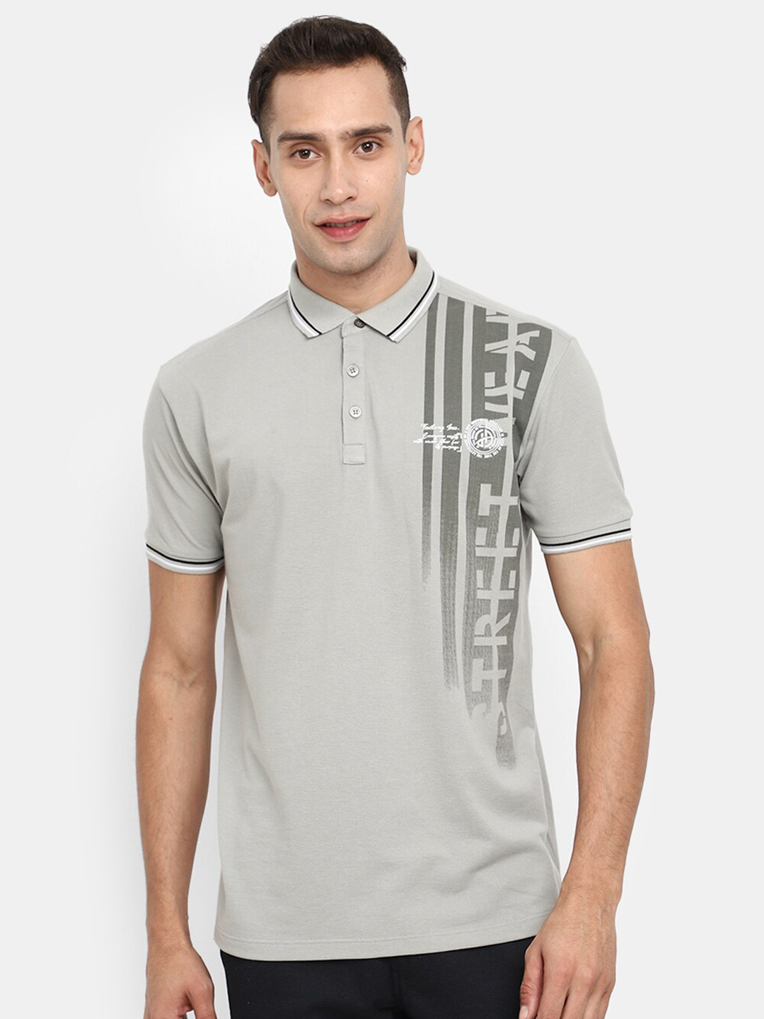 

V-Mart Typography Printed Polo Collar Cotton T-shirt, Grey