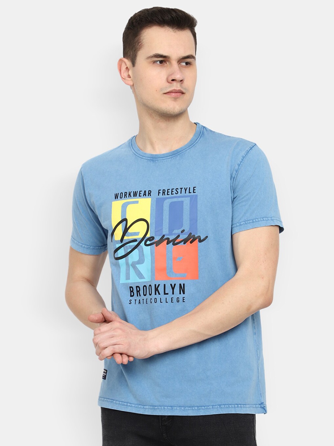 

V-Mart Typography Printed Cotton T-shirt, Blue