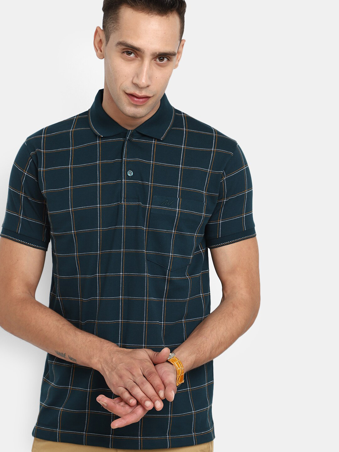 

V-Mart Checked Polo Collar Cotton T-shirt, Teal