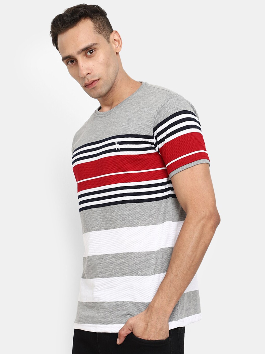 

V-Mart Striped Cotton T-shirt, Grey