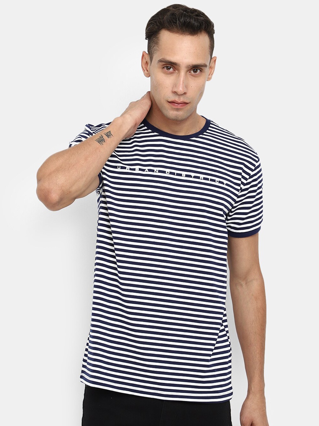 

V-Mart Striped Round Neck Cotton T-shirt, Navy blue