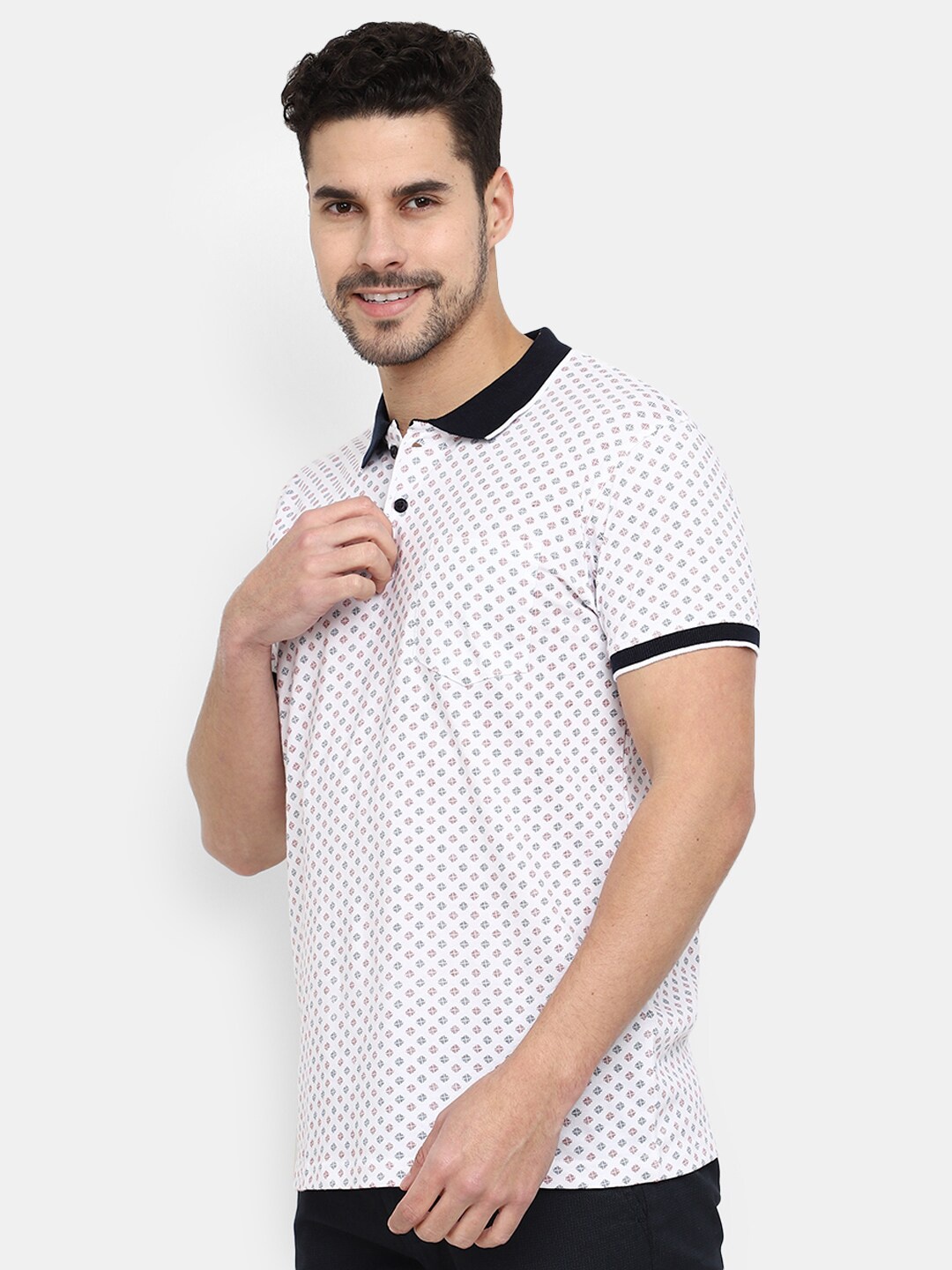 

V-Mart Geometric Printed Polo Collar Cotton T-Shirt, White