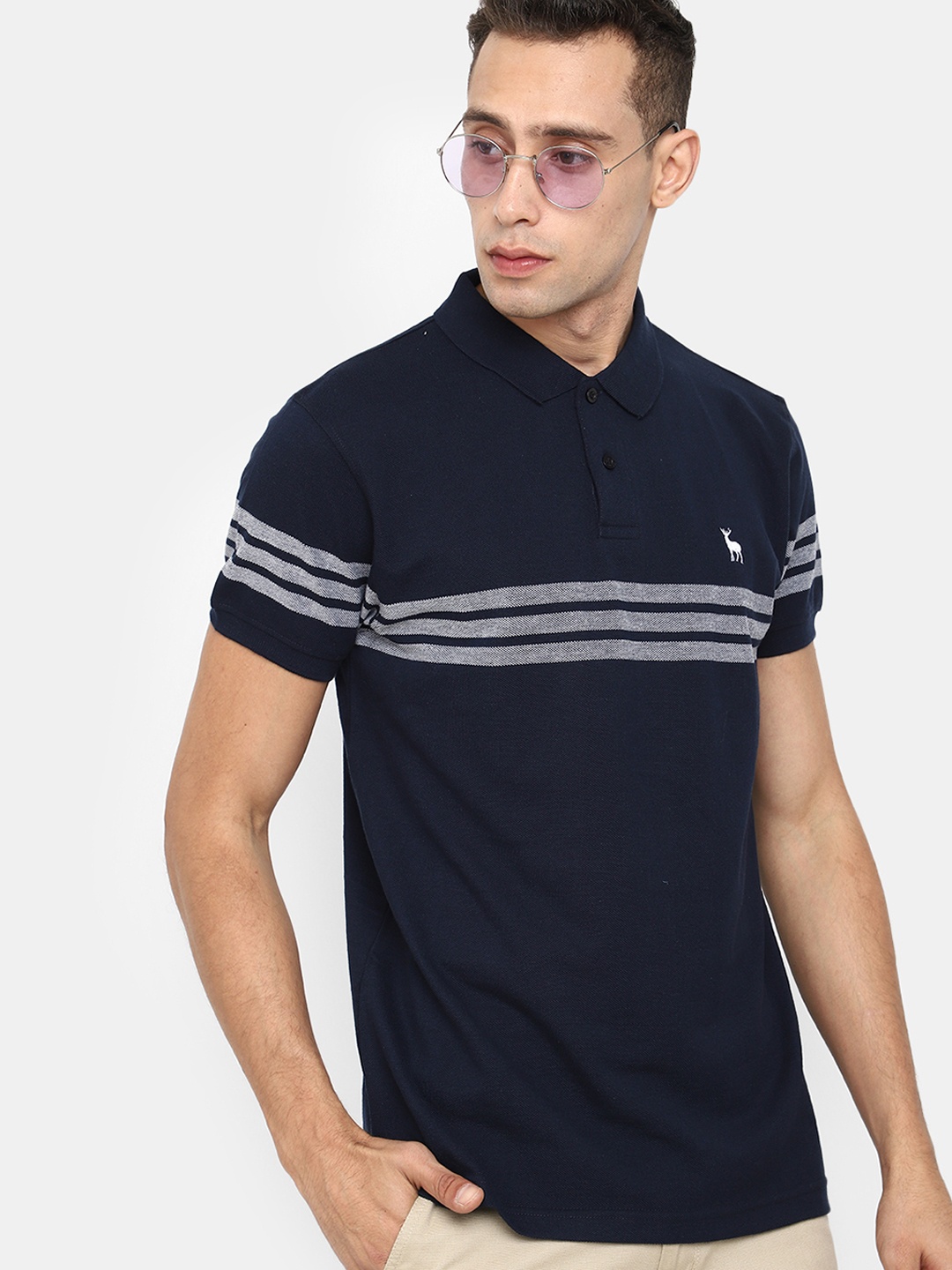 

V-Mart Striped Polo Collar Cotton T-shirt, Navy blue