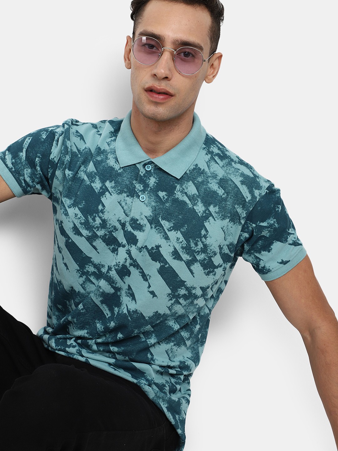 

V-Mart Abstract Printed Polo Collar Cotton T-shirt, Blue