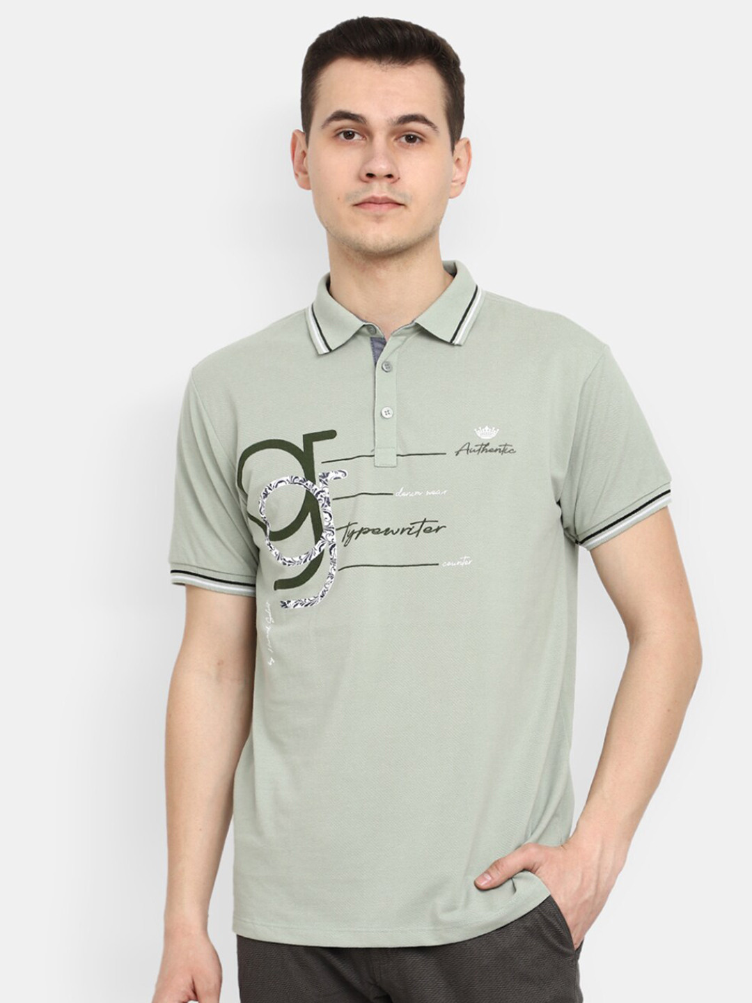 

V-Mart Typography Polo Collar Cotton T-shirt, Green