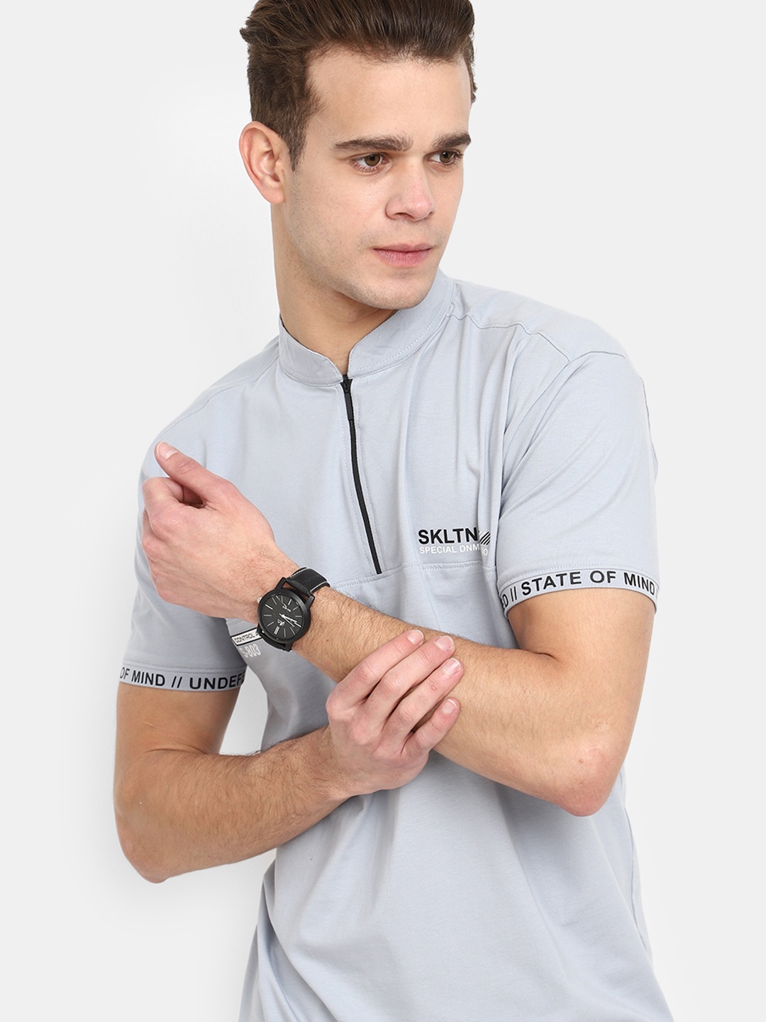 

V-Mart Mandarin Collar Cotton T-shirt, Grey