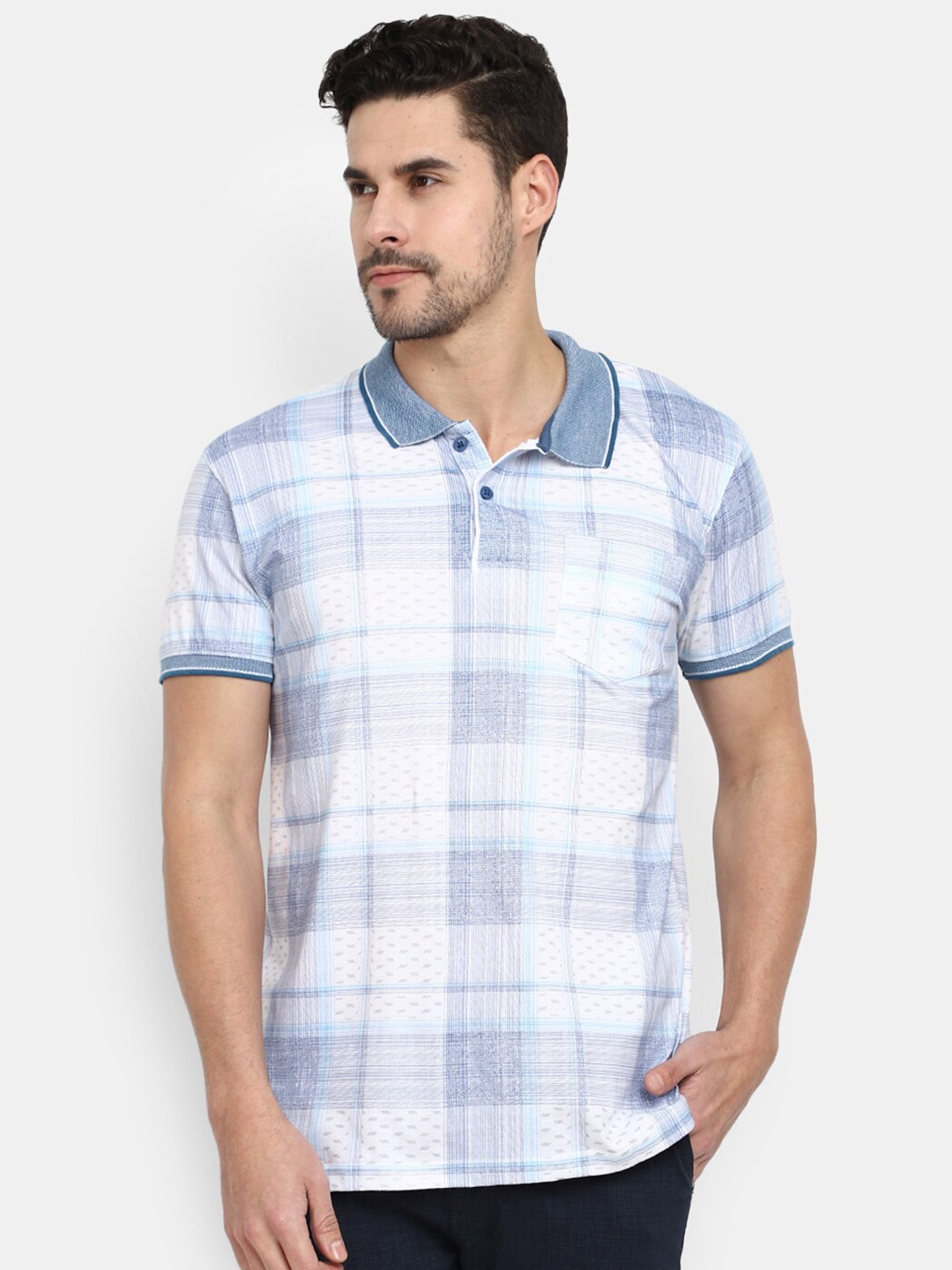 

V-Mart Checked Polo Collar Cotton T-shirt, Blue