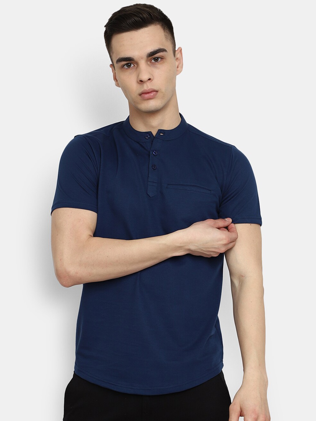 

V-Mart Henley Neck Cotton T-shirt, Navy blue