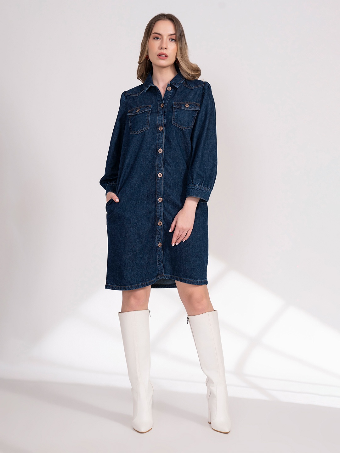 

B.Copenhagen Spread Collar Pure Cotton Denim Dress, Blue
