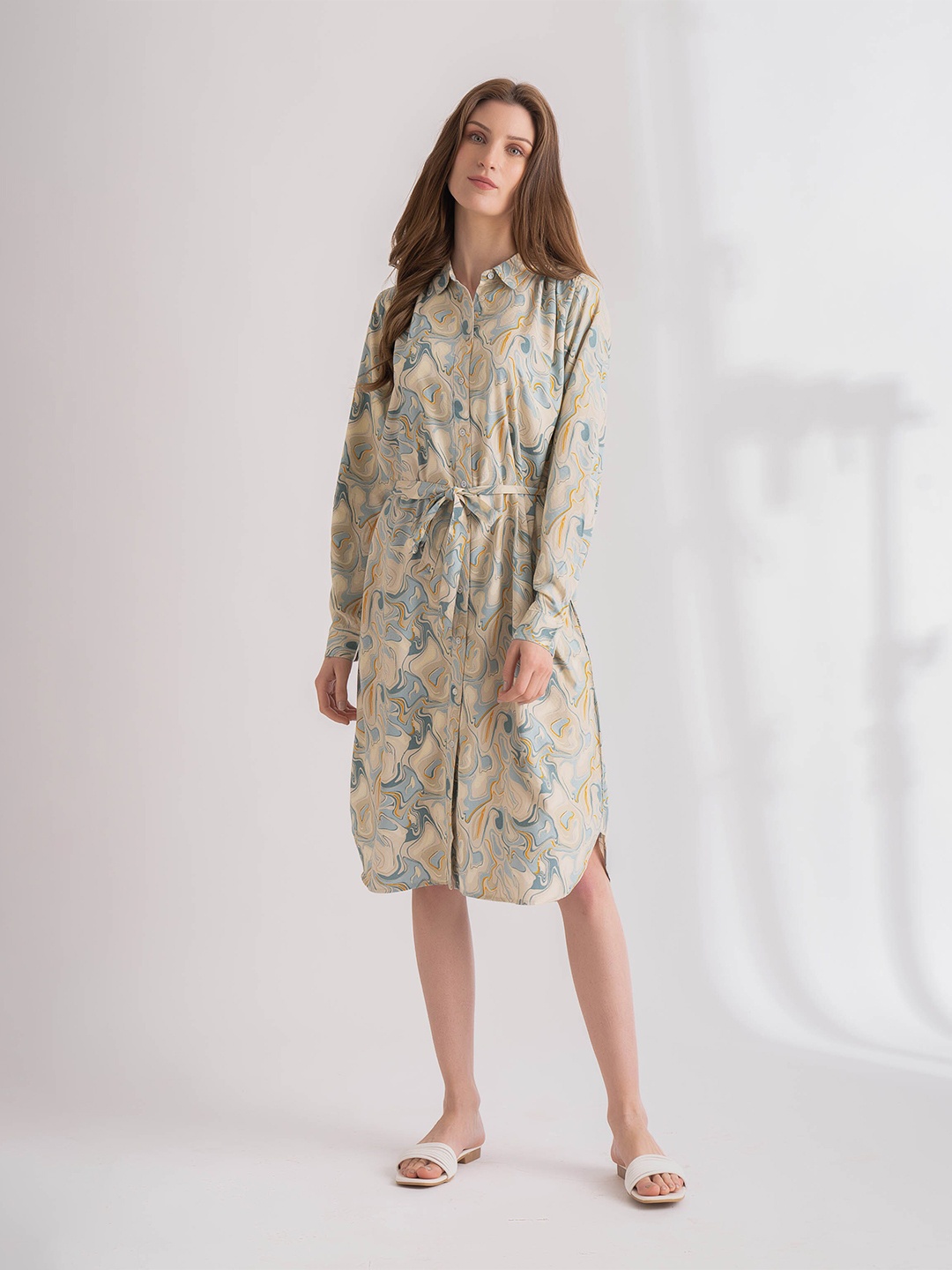 

B.Copenhagen Printed Cuffed Sleeves Shirt Dress, Beige