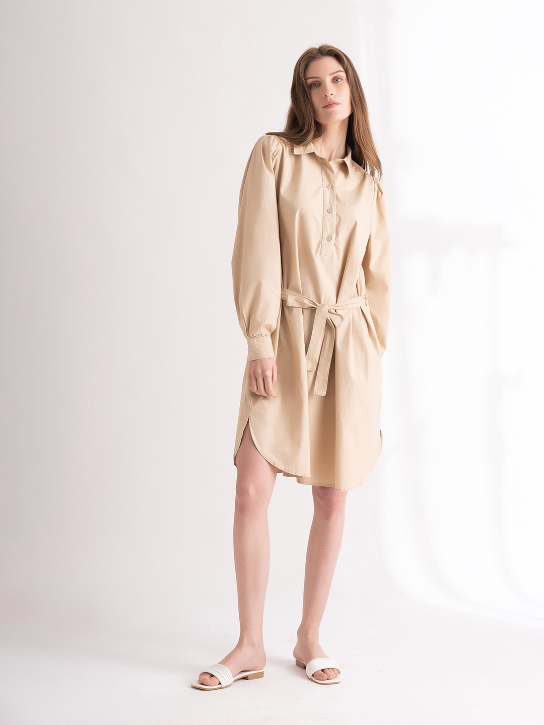 

B.Copenhagen Cuffed Sleeves Pure Cotton Shirt Dress, Beige
