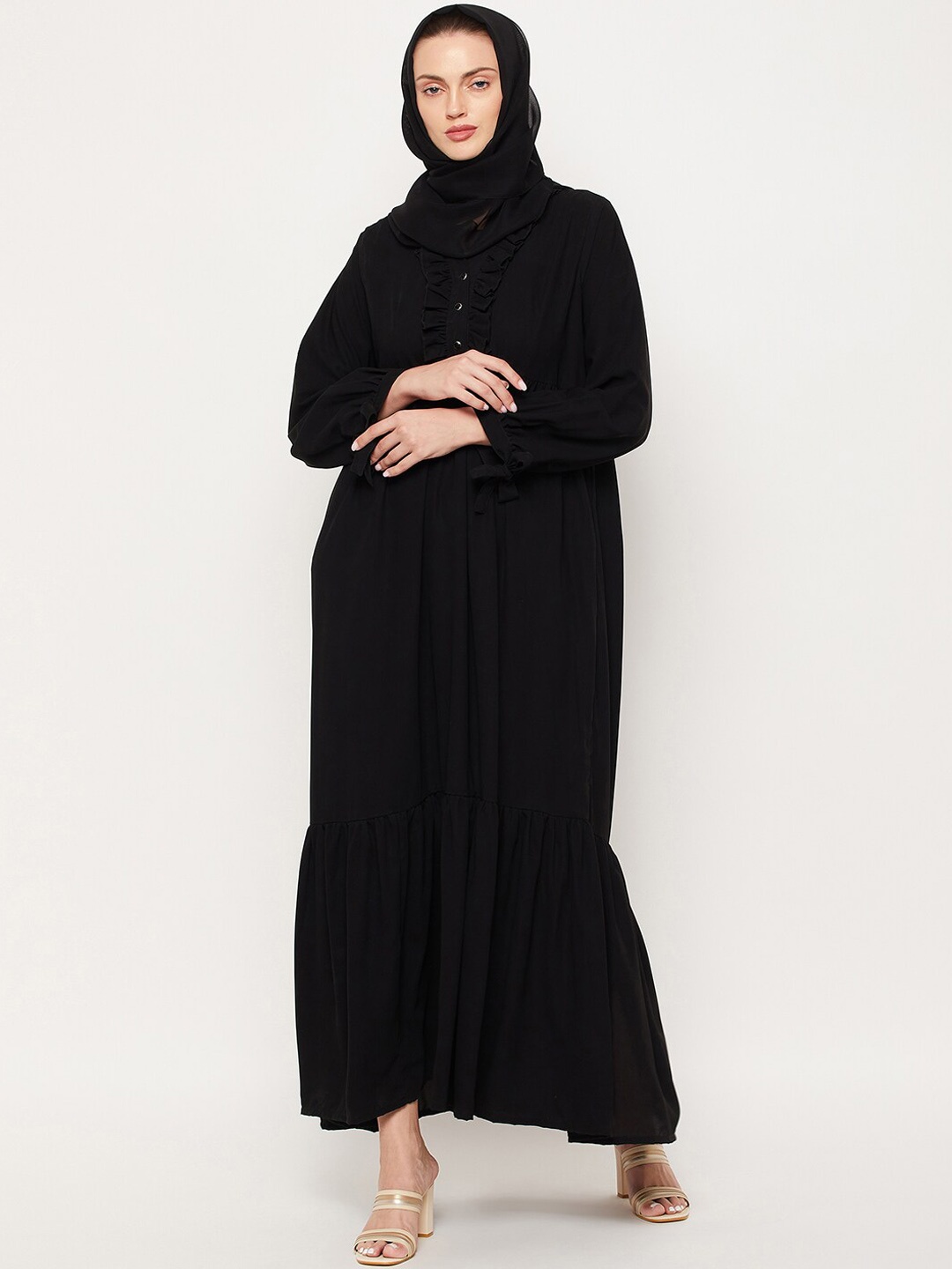 

NABIA Front Open Ruffle Detailed Flounce Hem V-Neck Abaya Burqa, Black