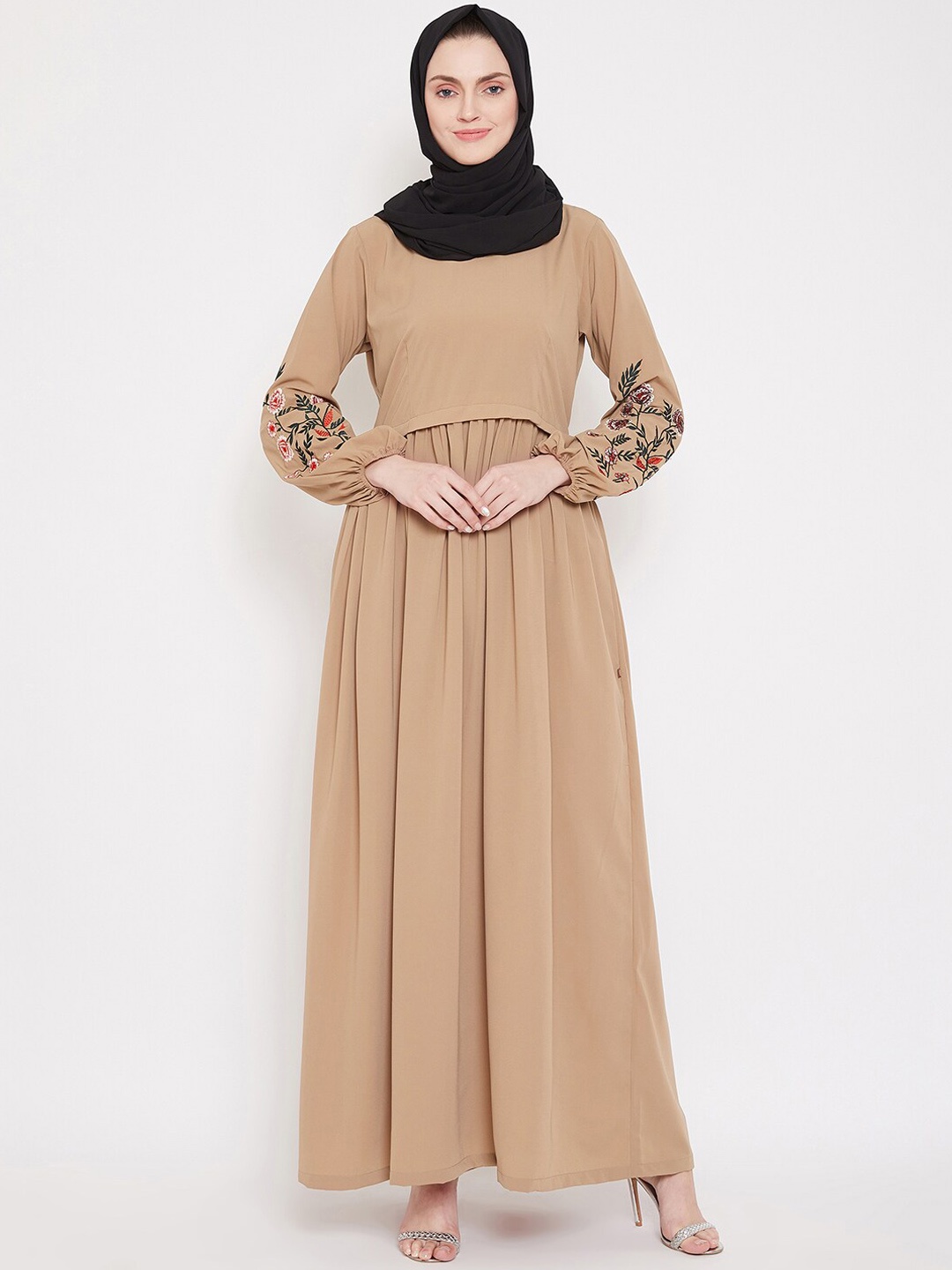 

NABIA Round Neck Fit & Flare Puff Sleeves Abaya Burqa, Beige
