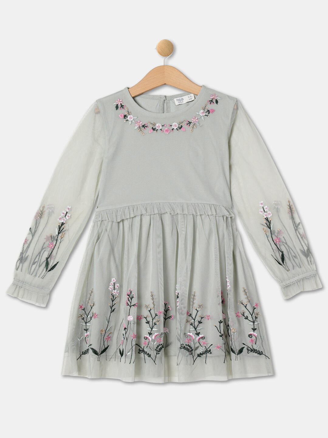 

R&B Girls Puff Sleeves Floral Embroidered Dress, Grey