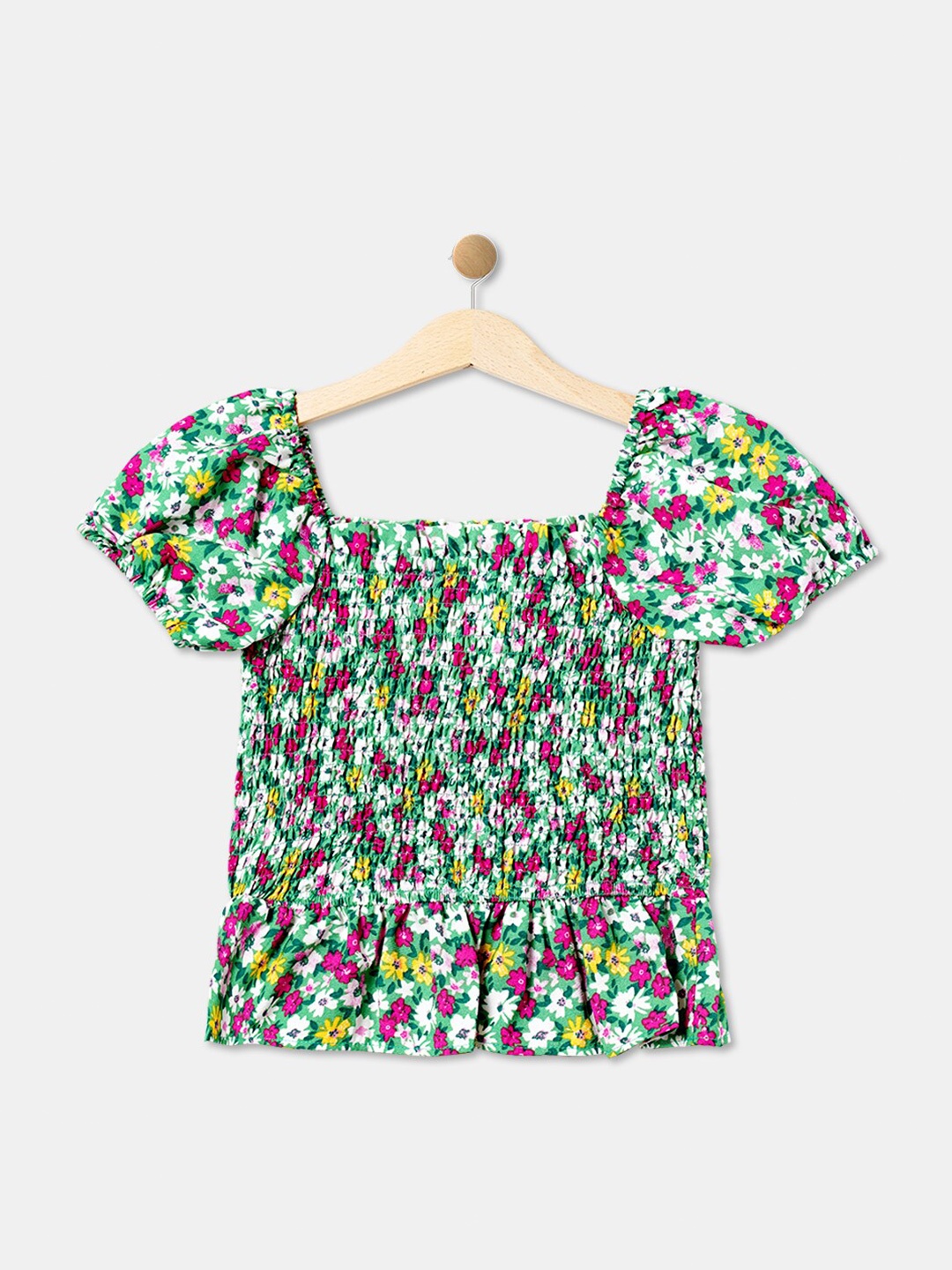 

R&B Girls Green Floral Printed Mandarin Collar T-shirt
