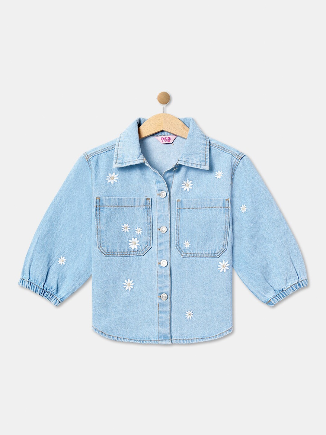 

R&B Girls Spread Collar Floral Embroidered Cotton Denim Shirt, Blue