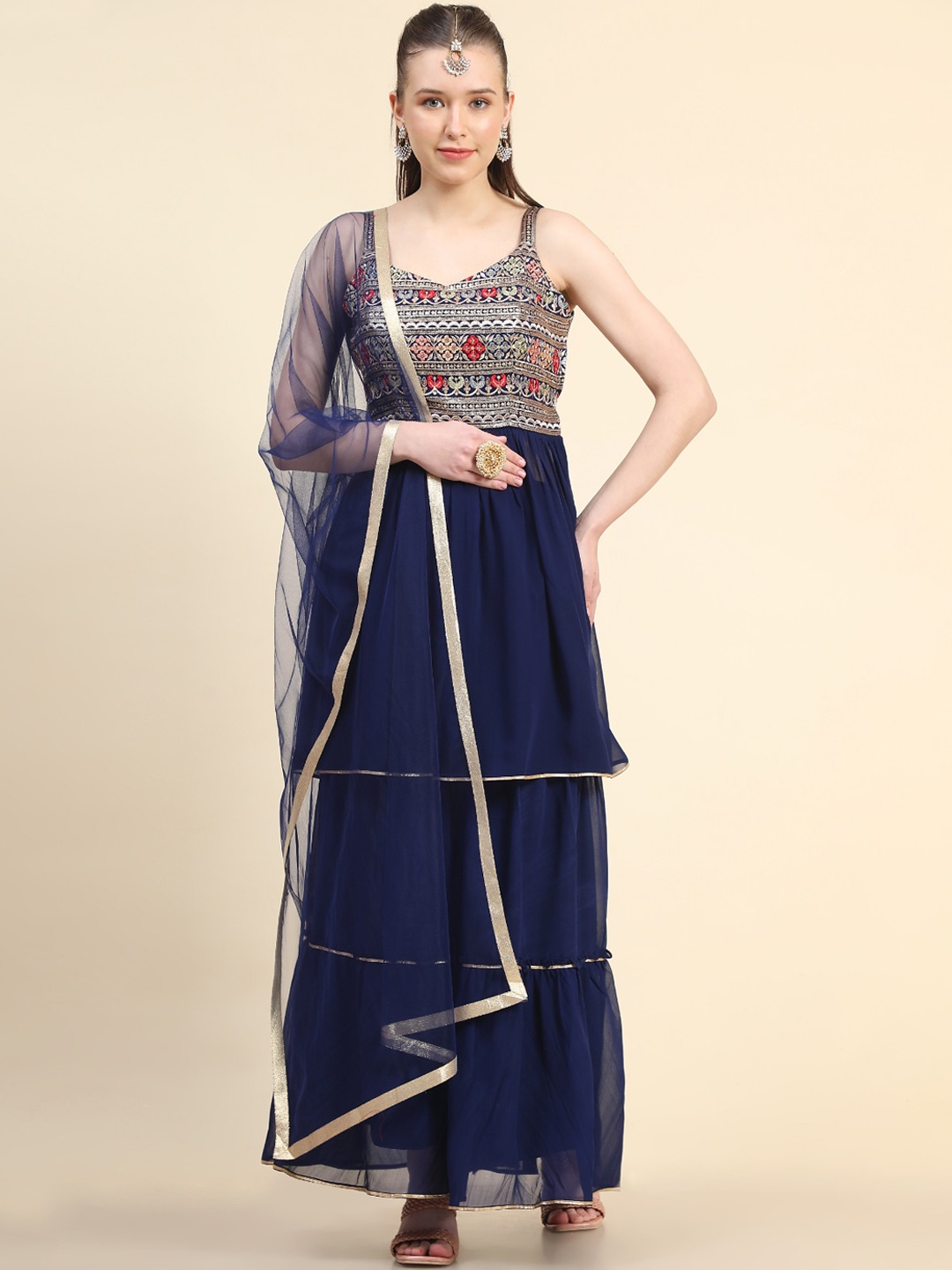 

KALINI Ethnic Embroidered Sequined A-Line Pleated Kurta with Sharara & Dupatta, Navy blue