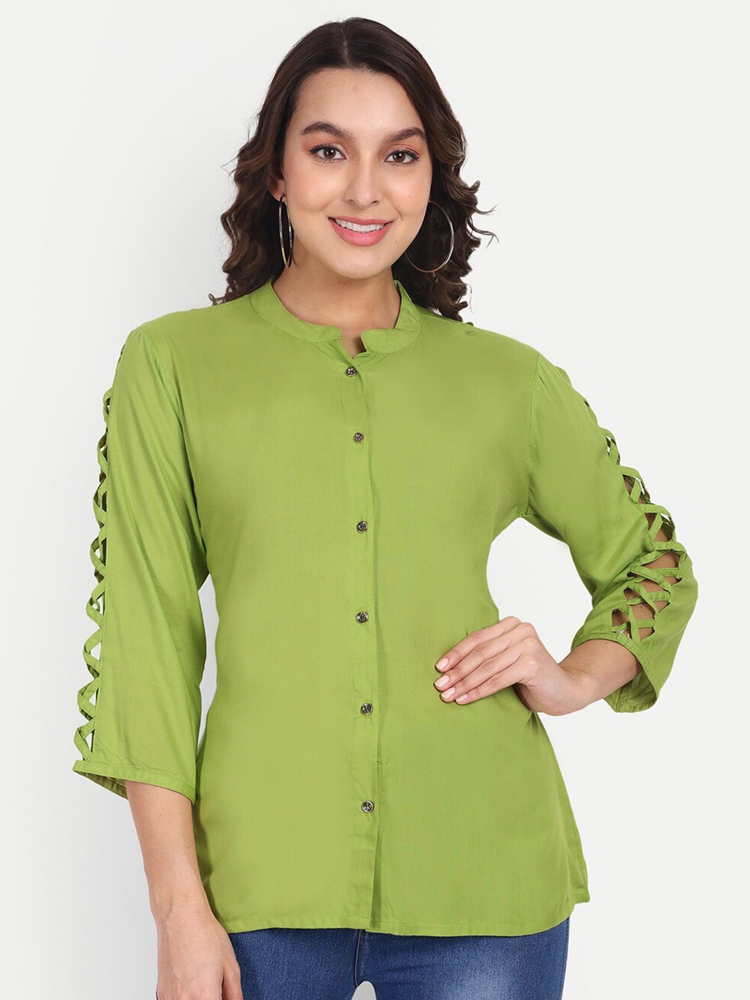 

Aarti Fashion Mandarin Collar Cut-Out Sleeves Shirt Style Top, Green