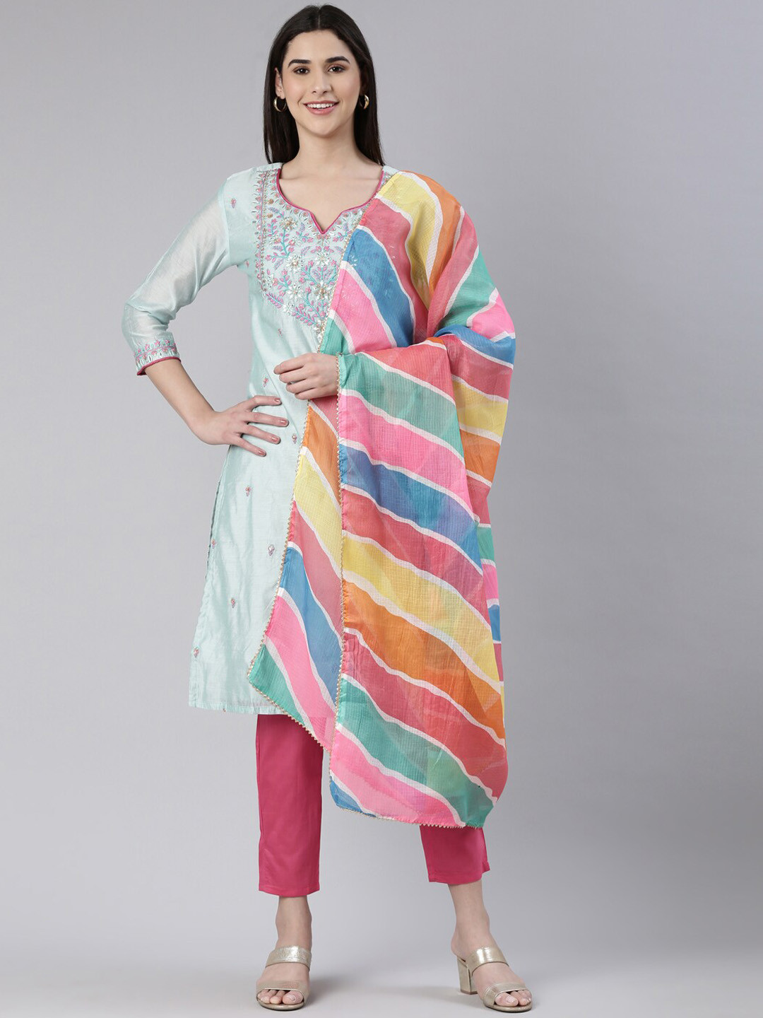 

KALINI Ethnic Motifs Embroidered Sequined Pure Silk Kurta with Trousers & Dupatta, Blue