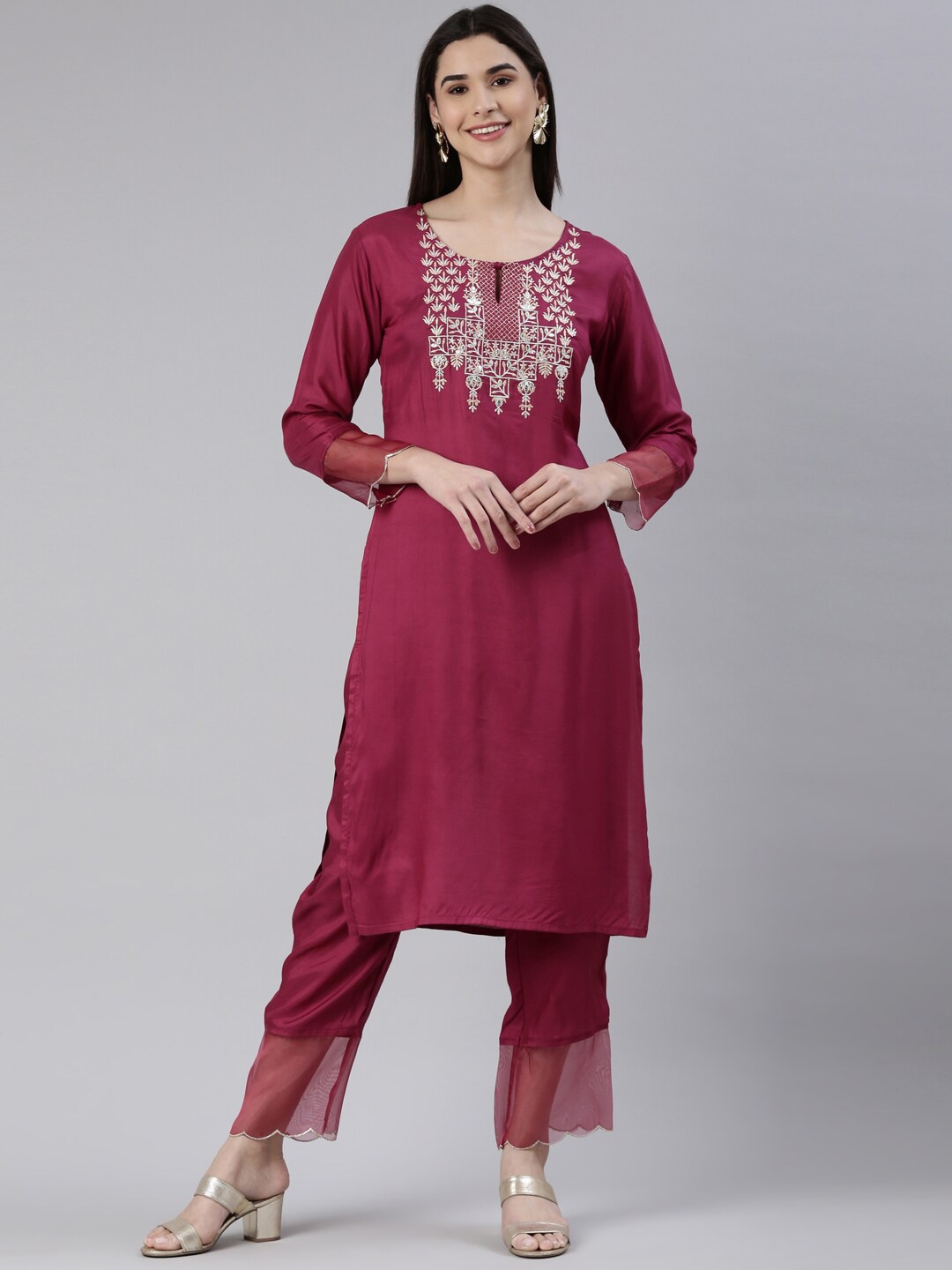 

KALINI Ethnic Motifs Embroidered Gotta Patti Pure Cotton Straight Kurta with Trousers, Purple