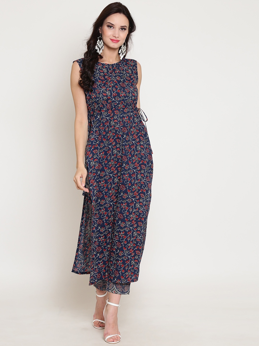 Sera Floral Printed Boat Neck Straight Cotton Kurta, Navy blue