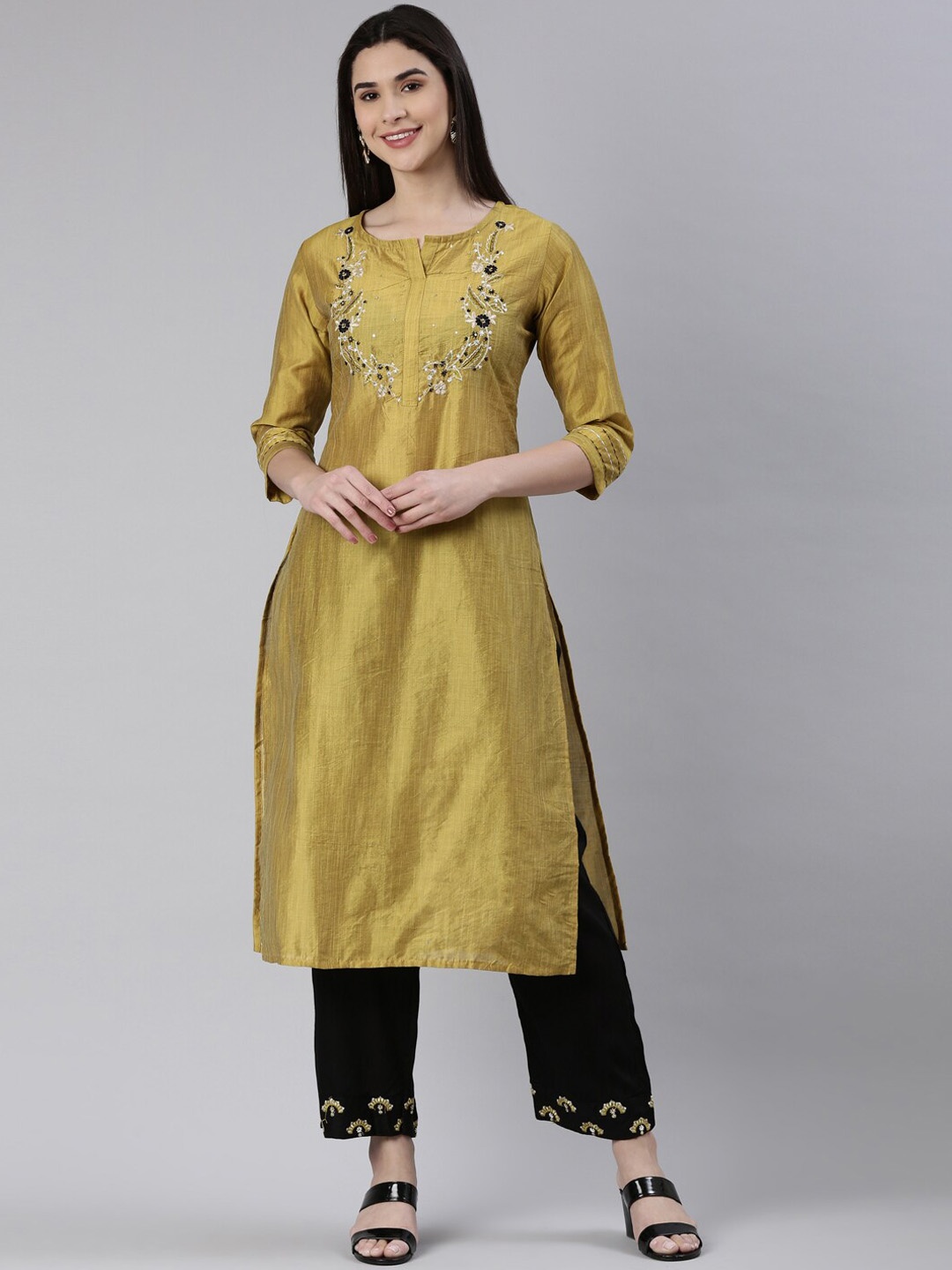 

KALINI Floral Embroidered Straight Pure Cotton Kurta with Trousers, Mustard