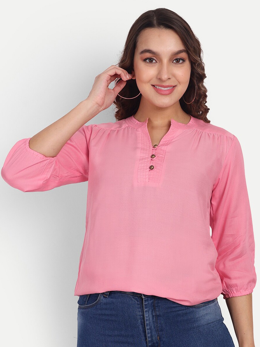 

Aarti Fashion Mandarin Collar Gathered Top, Pink