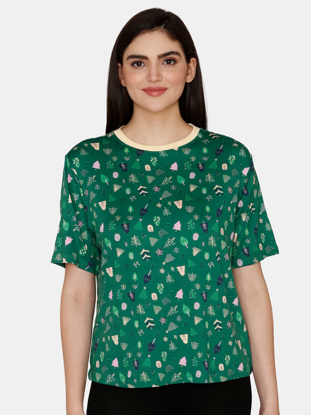 

Zivame Round Neck Printed Lounge T-shirts, Green