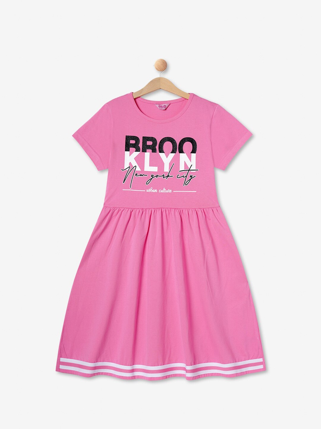 

R&B Girls Typography Printed Fit & Flare Dress, Pink