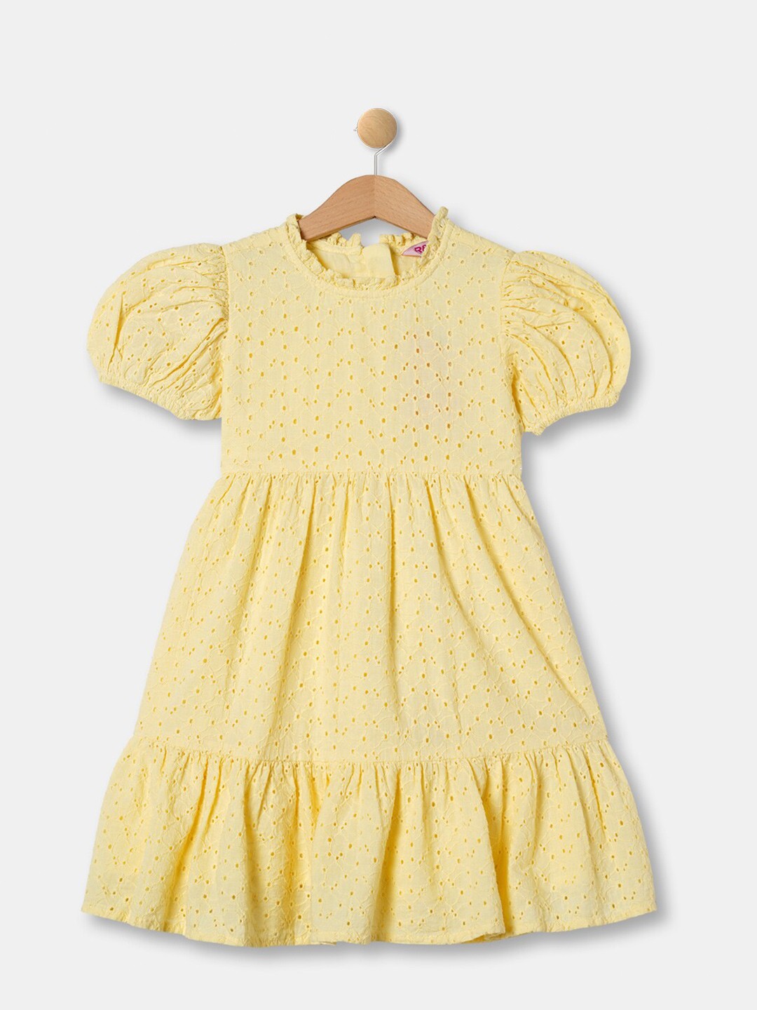 

R&B Girls Self Design Embroidered Schiffli Fit & Flare Dress, Yellow