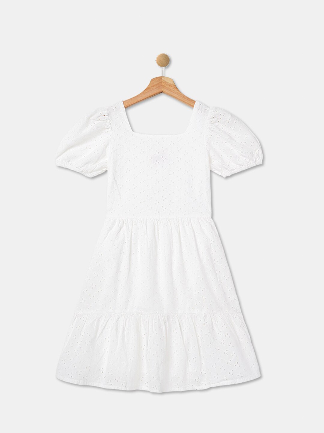 

R&B Girls Self Design Embroidered Schiffli Fit & Flare Midi Dress, White