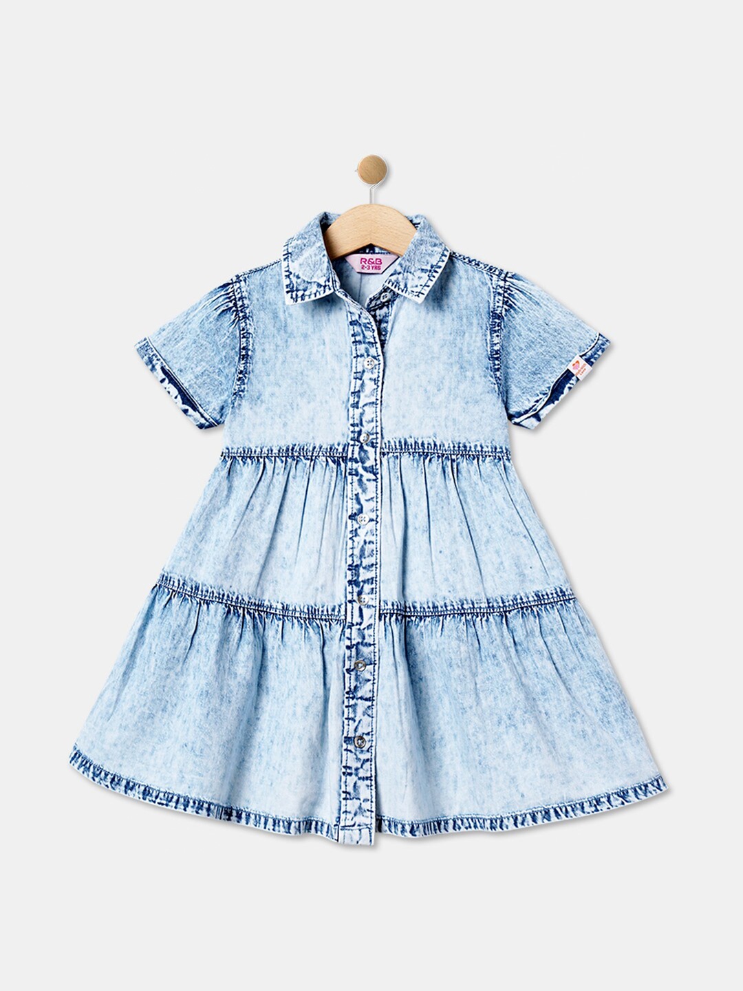 

R&B Girls Shirt Collar Tiered Shirt Dress, Blue