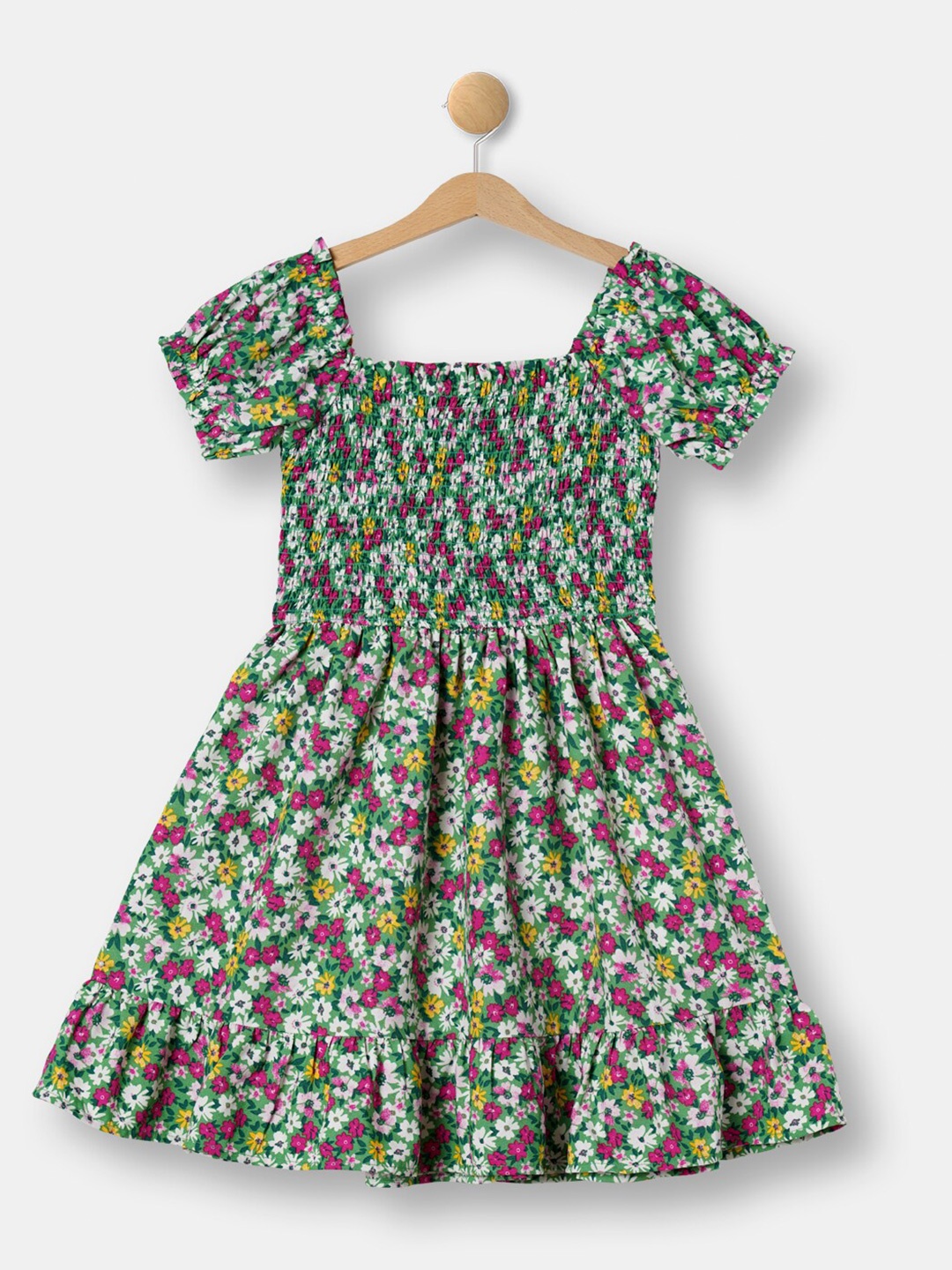 

R&B Girls Floral Printed Smocked Fit & Flare Dress, Green