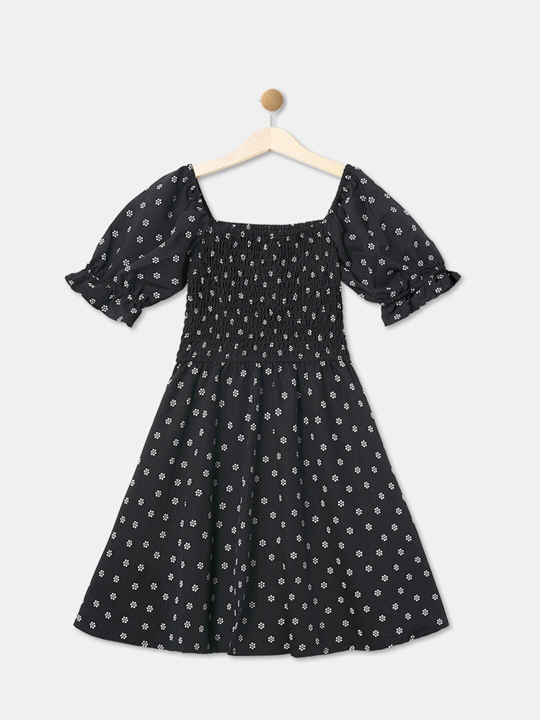 

R&B Girls Floral Printed Smocked Fit & Flare Dress, Black