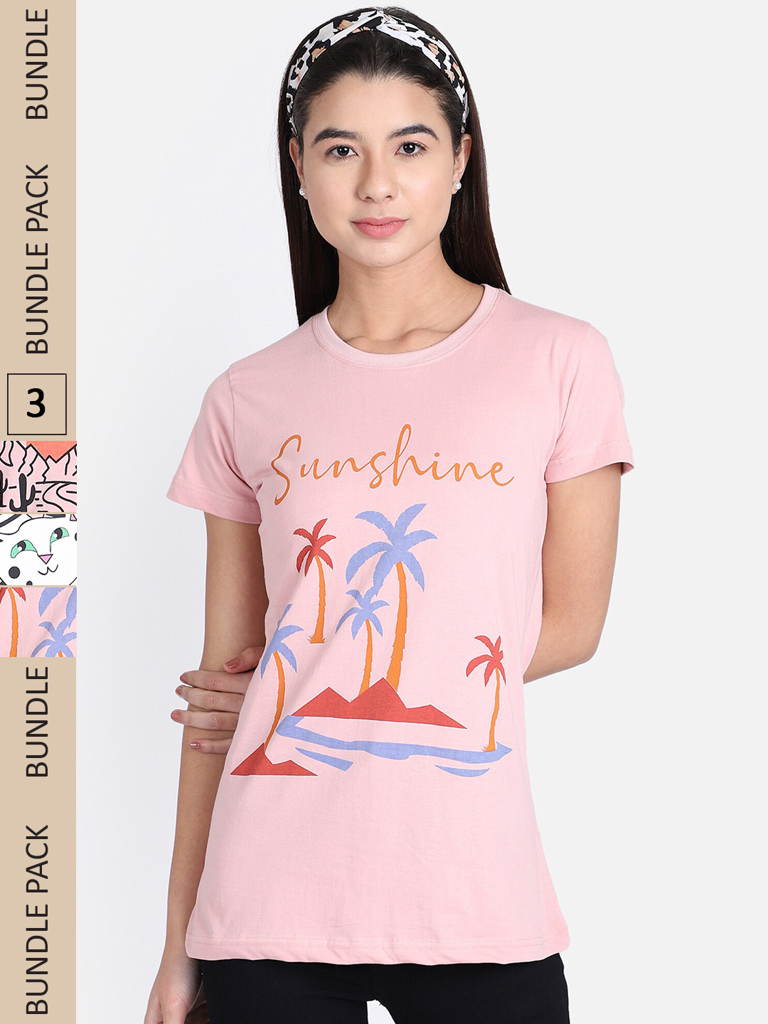 

OBOW Pack Of 3 Floral Printed Bio Finish Pure Cotton T-shirt, Pink