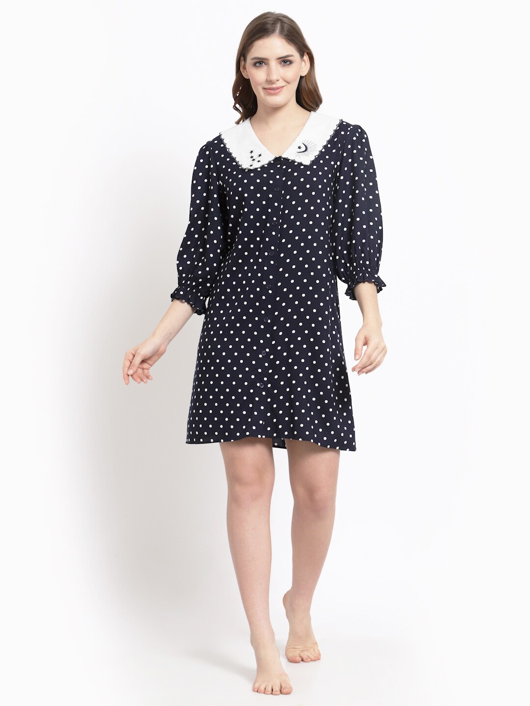 

BLANC9 Spread Collar Polka Dots Printed Nightdress, Blue