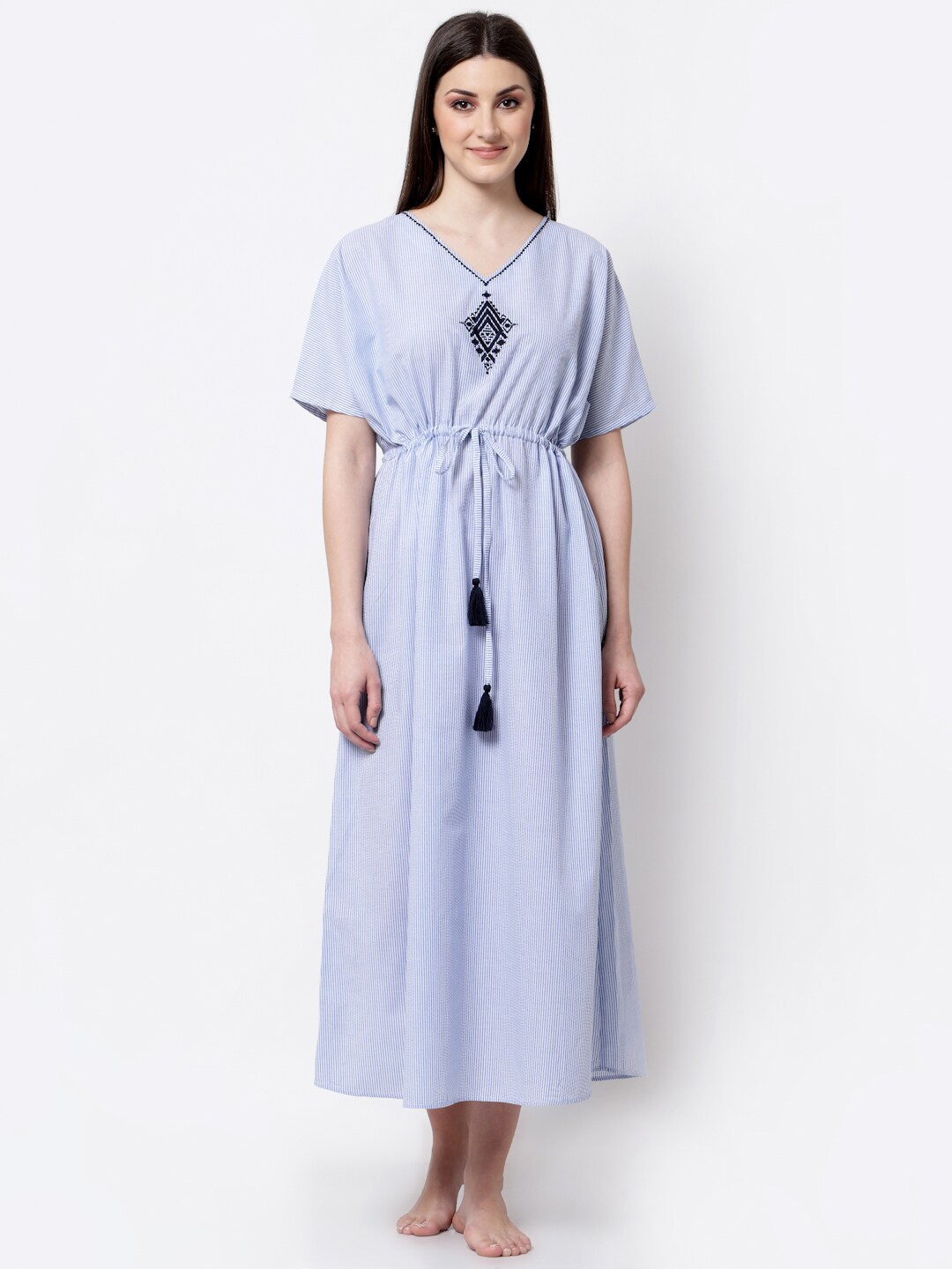 

BLANC9 V-Neck Striped Printed Pure Cotton Maxi Nightdress, Blue