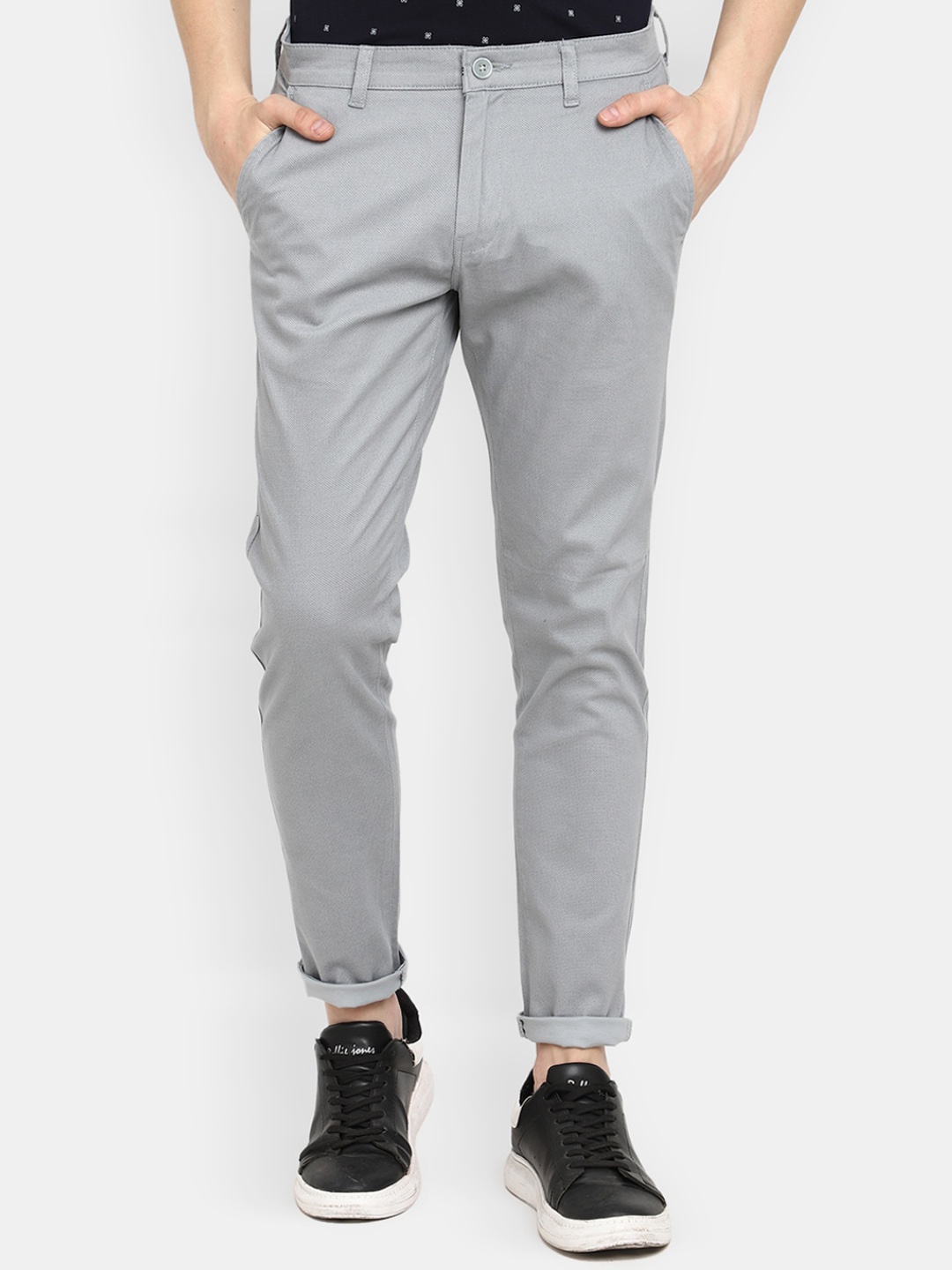 

V-Mart Men Checked Mid-Rise Cotton Chinos, Grey