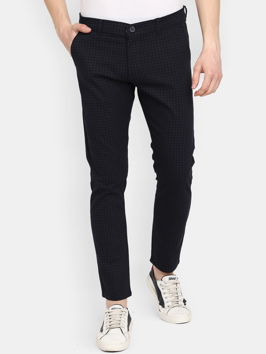 

V-Mart Men Checked Cotton Trousers, Blue