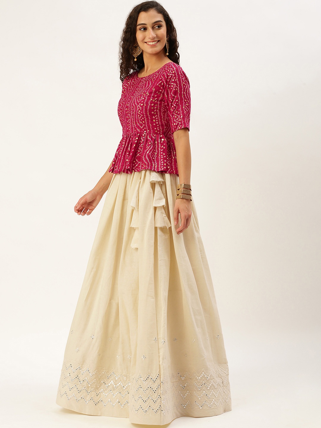

LOOKNBOOK ART White Pure Cotton With Paper Mirror Work Crop Top Lehenga