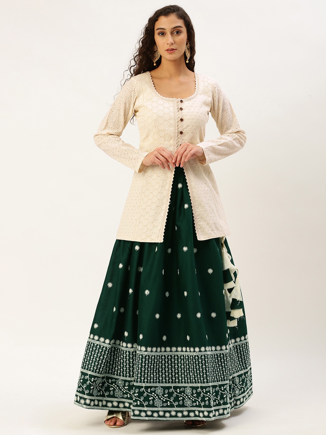 

LOOKNBOOK ART Green Pure Cotton With Lucknowi work Crop Top Lehenga