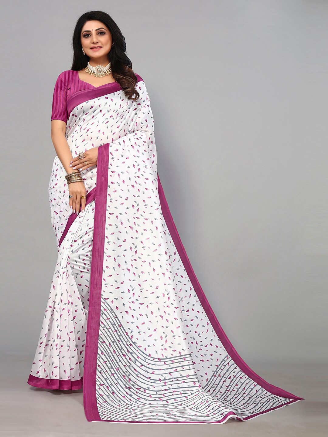 

KALINI Floral Printed Art Silk Saree, White