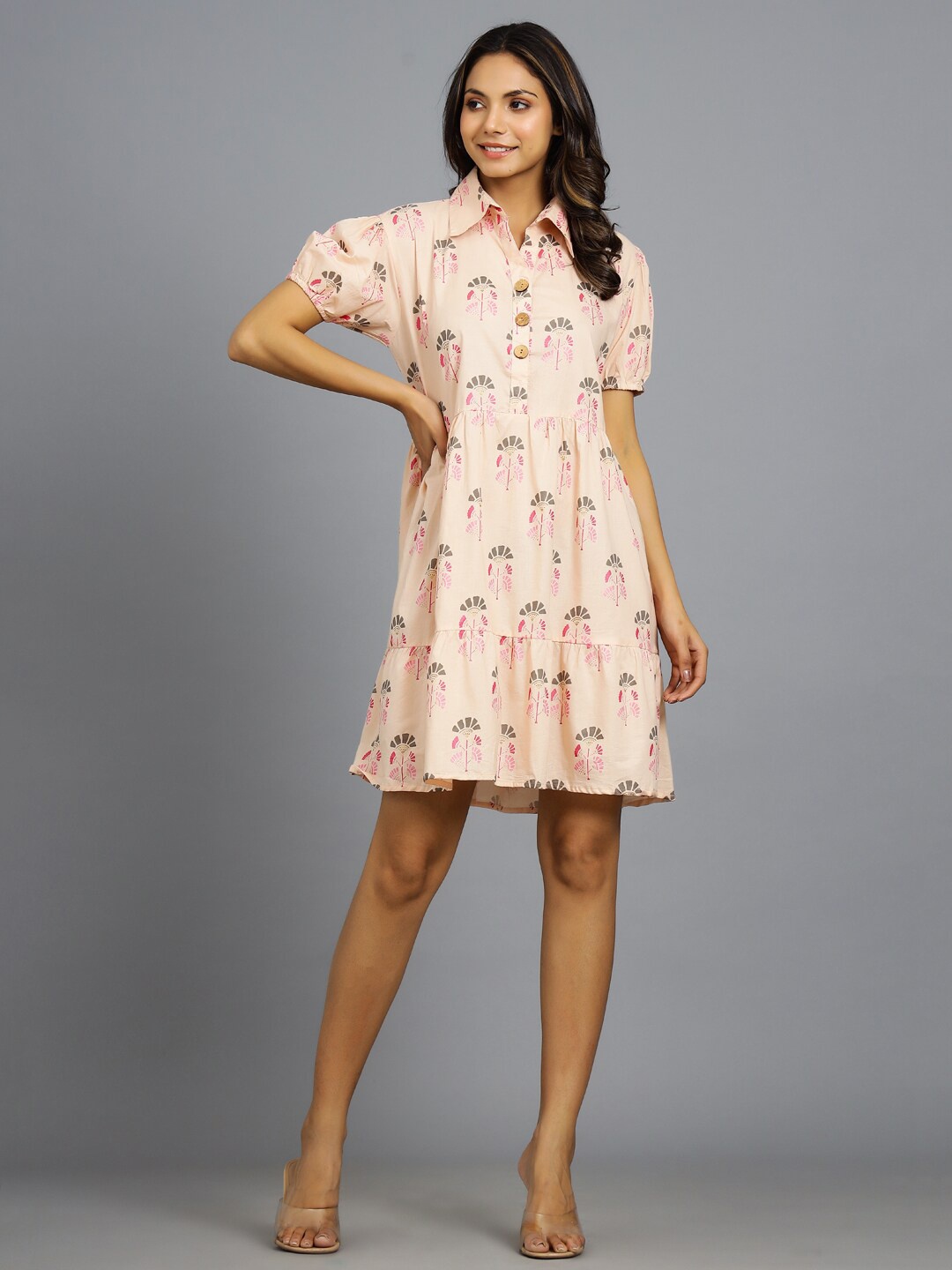 

HANDICRAFT PALACE Floral Collared Puff Sleeve A-Line Dress, Peach