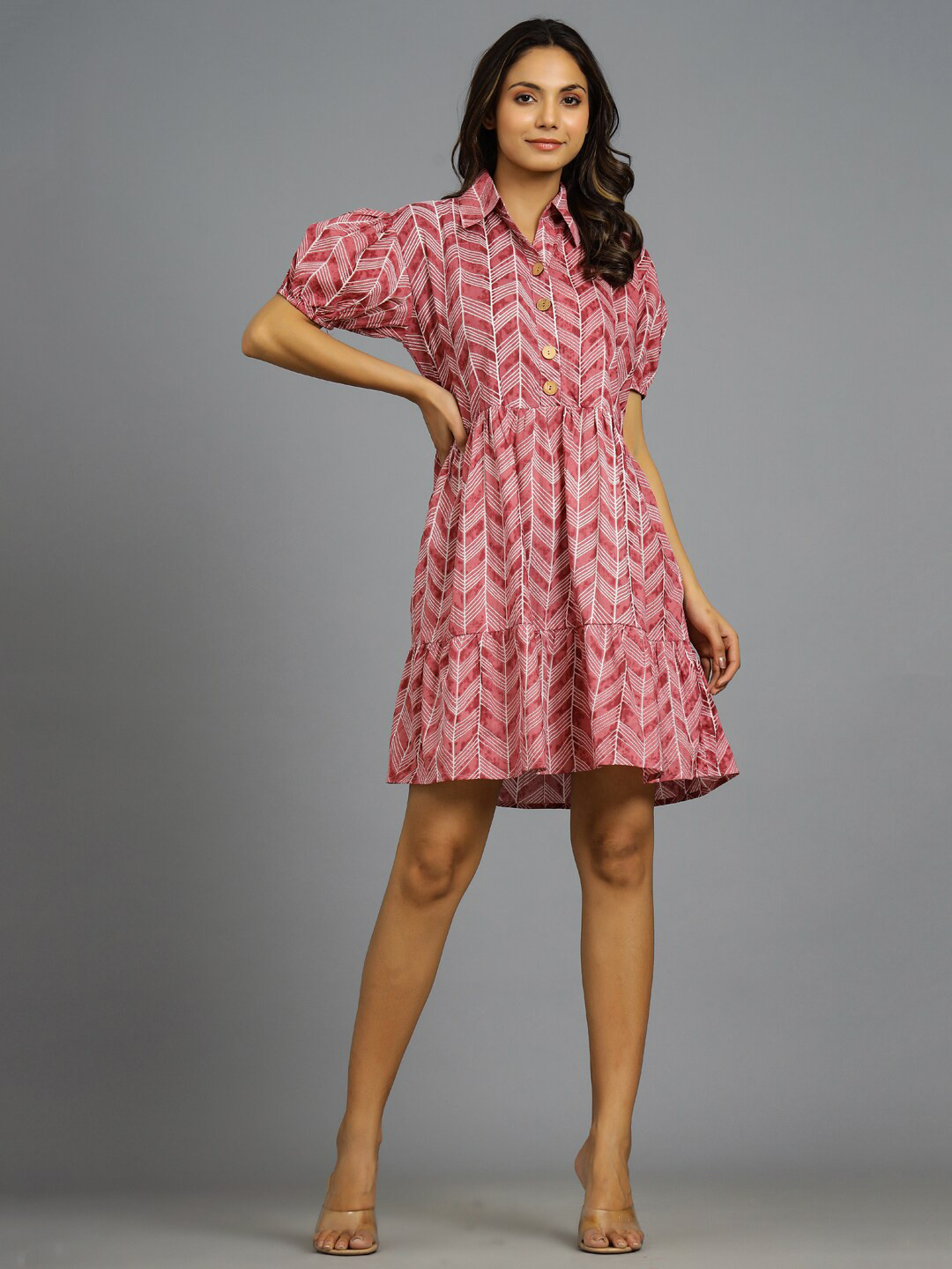 

HANDICRAFT PALACE Geometric Collared Puff Sleeve Pure Cotton Dress, Maroon
